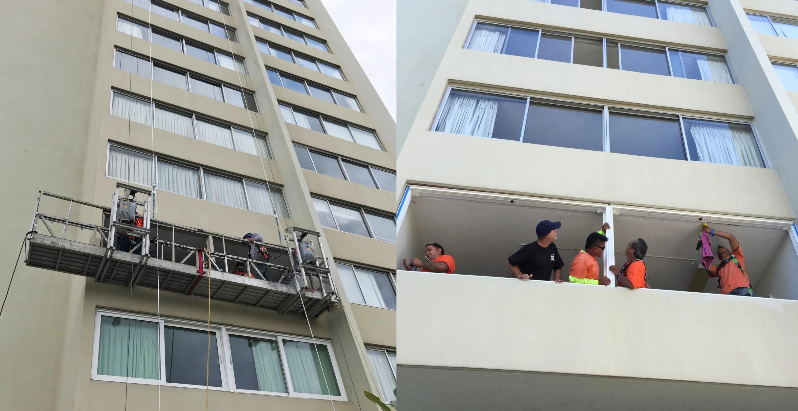 Commercial window replacement on a high-rise building: crew on a suspended swing stage and installers sealing a new window frame